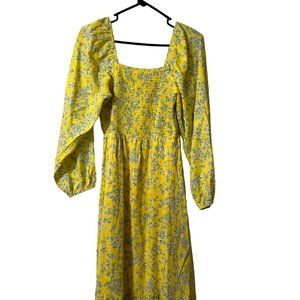 Draper James Yellow Blue Flora Peasant Dress Long Sleeves Size Medium